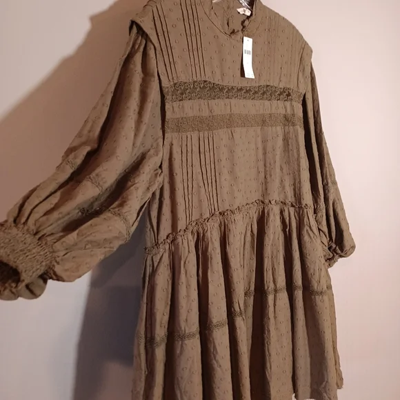 Anthropologie Pilcro Long Sleeve Mock Neck Swing Mini Dress in Green Brown M New - Picture 3 of 11